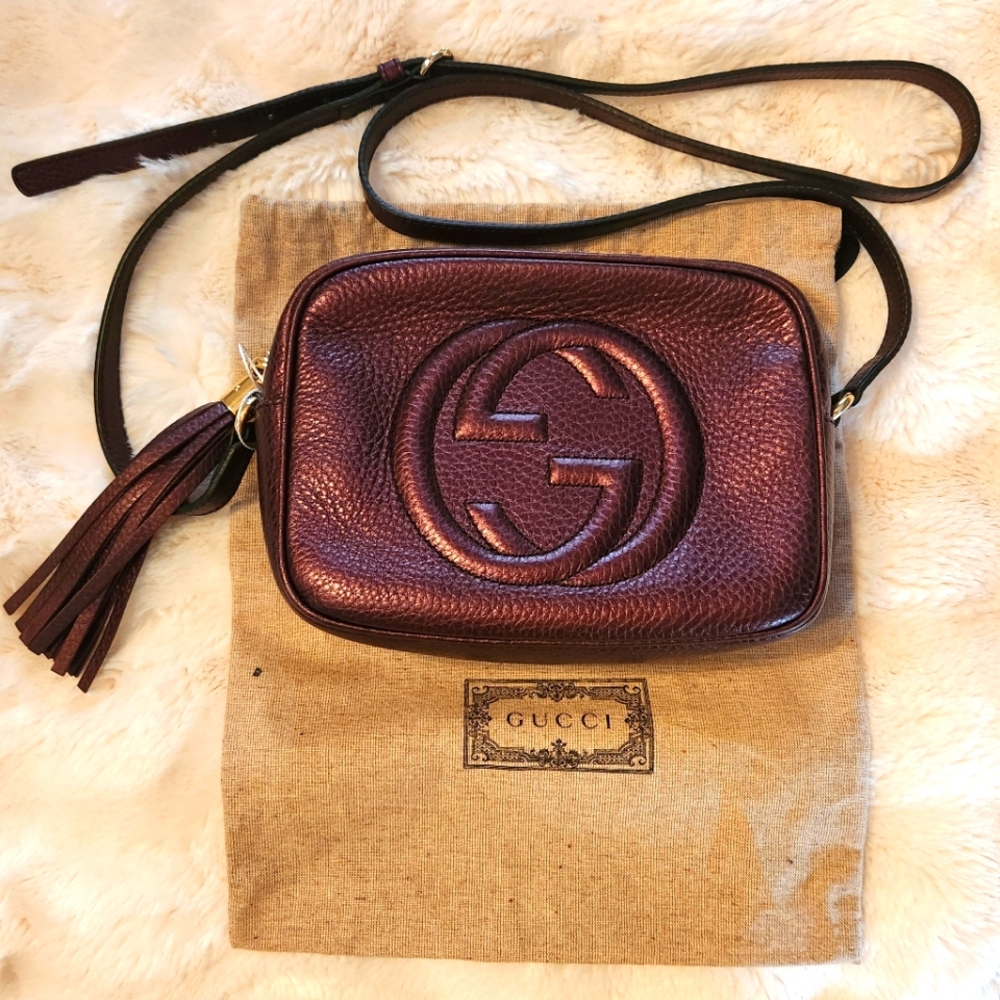 Gucci SOHO DISCO metallic Purple/maroon Leather Crossbody Bag Authentic